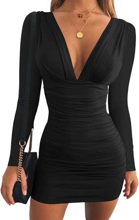 GOBLES Women's Sexy Long Sleeve V Neck Ruched Bodycon Mini Party Cocktail Black Dress