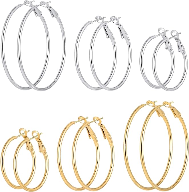 6 Pairs Stainless Steel gold silver Plated Hoop Earrings for Women Girls, Hypoallergenic Hoops Women's Earrings Loop Earrings Set for black dress