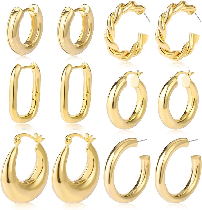 6 Pairs Chunky Gold Hoop Earrings Set for Women 14K Gold Plated Hypoallergenic Thick Open Huggie Hoop Set Jewelry for Gifts