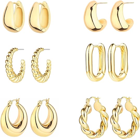 6 Pairs 14K Gold Hoop Earrings for Women Lightweight Chunky Hoop Earrings Multipack Hypoallergenic, Thick Open Twisted Huggie Hoops Earring Set Jewelry for Gifts.