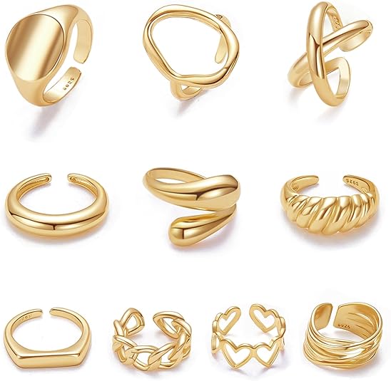 10PCS Gold Dome Chunky Rings for Women 18K Gold Plated Braided Twisted Round Signet Rings Adjustable Open Ring Band Statement Jewelry Size 7-9