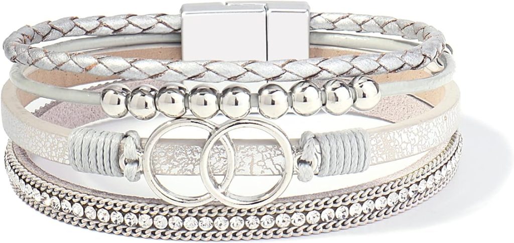 FANCY SHINY Boho Wrap Bracelets Leather Cuff Bangle Gold Beaded Bracelets for Women Stackable Infinity Bracelets Jewelry with Magnetic Clasp