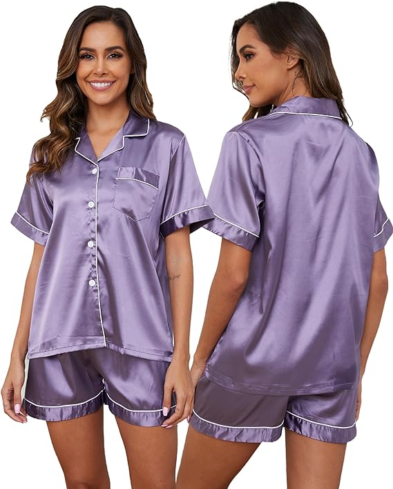 GAESHOW Satin Pajamas for Women, Short Sleeve Silk Pajama Set