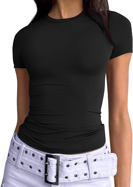 Trendy Queen Womens Basic T-Shirts Scoop Neck Short Sleeve Crop Tops Cute Summer Tops Slim Fit Tees Y2k Clothing 2024