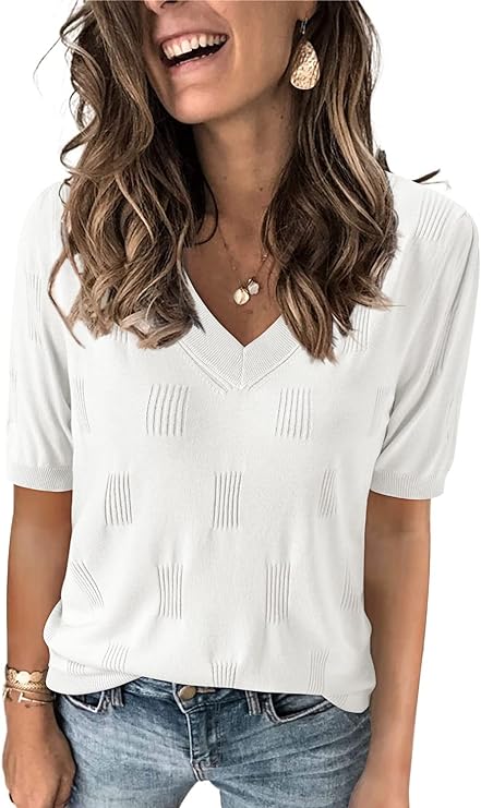 Arach&Cloz Womens Fashion Spring Summer Tops 2024 Short Sleeve Sweaters V Neck Lightweight Thin Knit Clothes Blouse