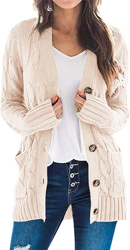 PRETTYGARDEN Women's Open Front Cardigan Sweaters Fashion Button Down Cable Knit Chunky Outwear Coats