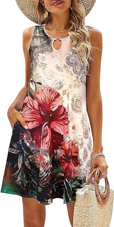 SimpleFun Summer Dresses for Women 2024 Haute Couture Beach Floral Tshirt Sundresses Casual Boho Dress with Pockets 