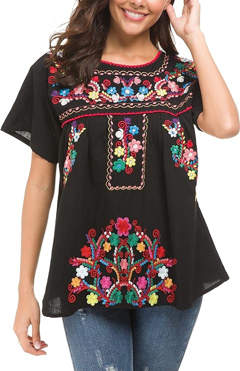 YZXDORWJ Women's Embroidered Mexican Peasant Blouse Mexico Summer Shirt Short Sleeve Gender Fluid Fashion
